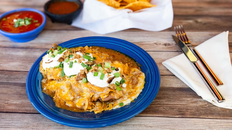 A blue plate of cheesy enchiladas topped with sour cream, green onions, and crispy fried onions.